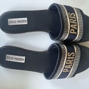 Steve Madden Black and Gold Paris Slide Sandals